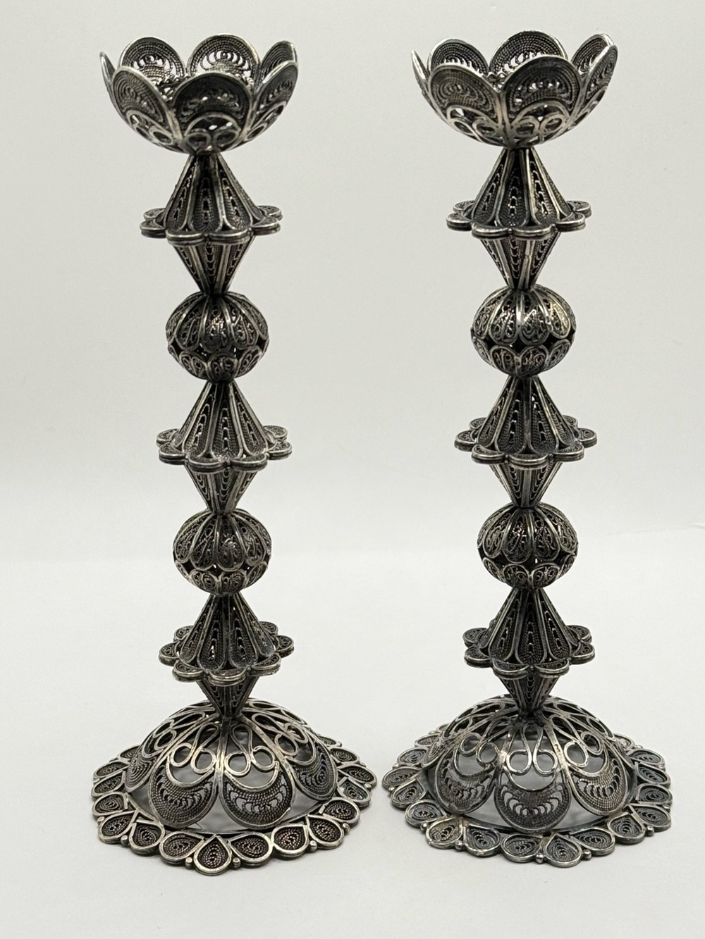 Sterling silver filigree flower Shabbat candlesticks–Jewish/Judaica art 5.5inch